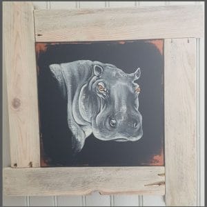 peinture d’un hippopotame avec cadre en bois