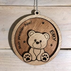 boule de Noël cadeaux de  naissance en bois personnalisable