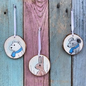 Lot de 3 boule de Noël en Bois peinte à la main : Souris, lapin, ours polaire !