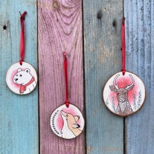 Lot de 3 boule de Noël en Bois peinte à la main : ours, renard, cerf