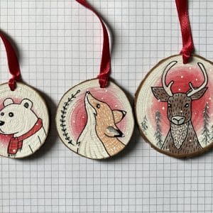 Lot de 3 boule de Noël en Bois peinte à la main : ours, renard, cerf
